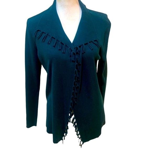 Chicos dark green lightweight open front cardigan with fringe trim size small - Picture 1 of 8